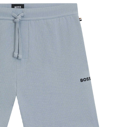 Blue - Side - Boss Mens Waffle Embroidered Logo Pyjama Shorts