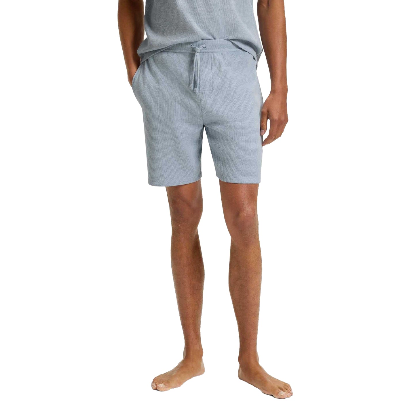 Blue - Pack Shot - Boss Mens Waffle Embroidered Logo Pyjama Shorts