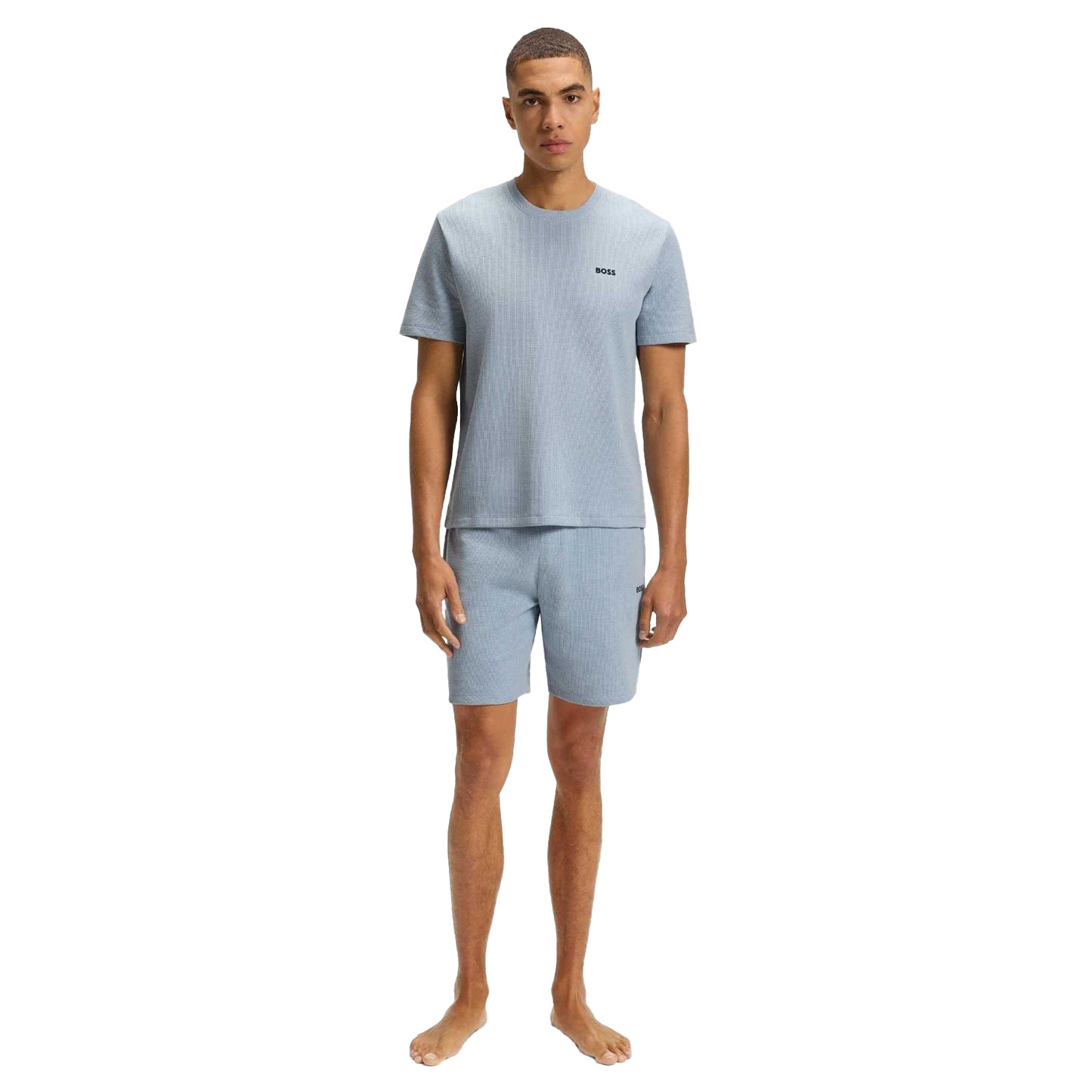 Blue - Close up - Boss Mens Waffle Embroidered Logo Pyjama Shorts