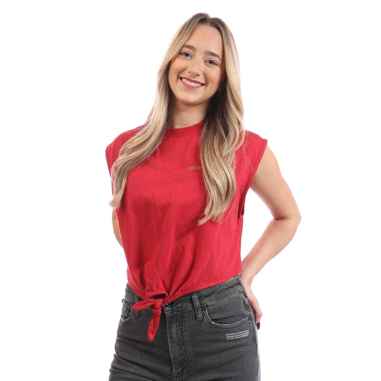 Red - Front - Off White Womens-Ladies Arrow Crop T-Shirt