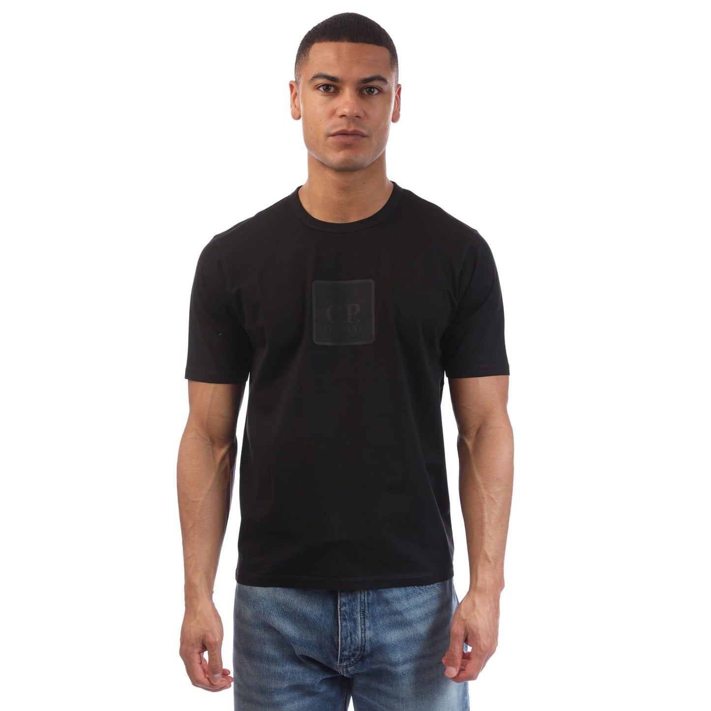 Black - Front - C.P. Company Mens Logo Mercerised Cotton T-Shirt