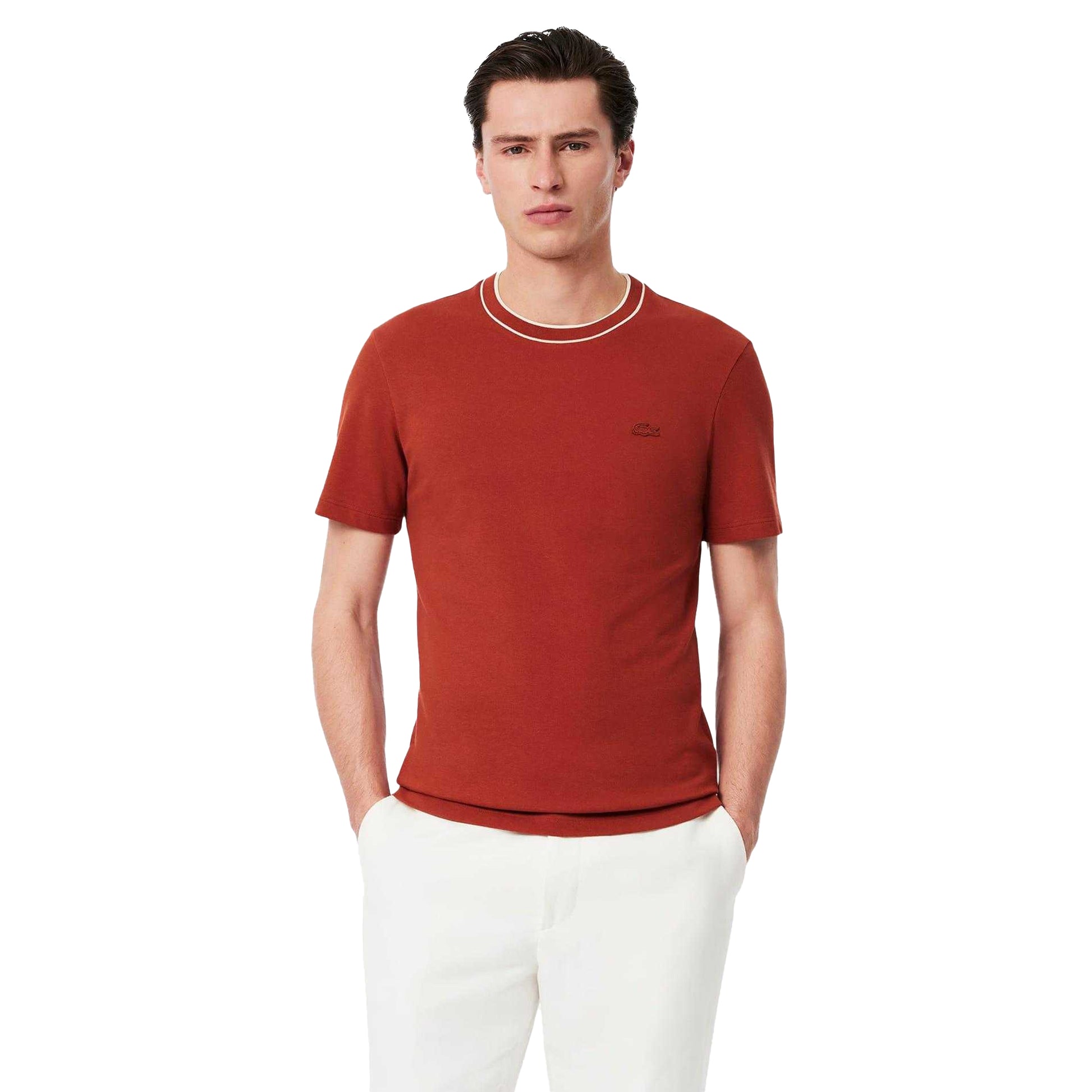 Red - Side - Lacoste Mens Stripe Stretch Collared T-Shirt