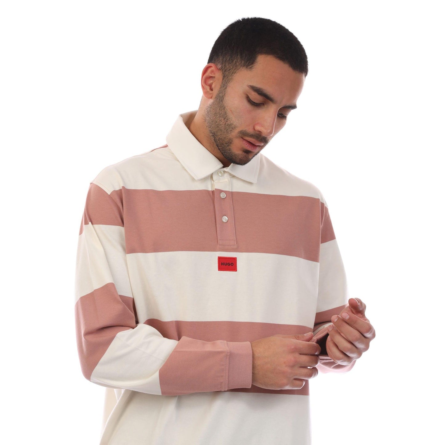 White-Pink - Side - Hugo Mens Diragbi Stripe Long-Sleeved Polo Shirt