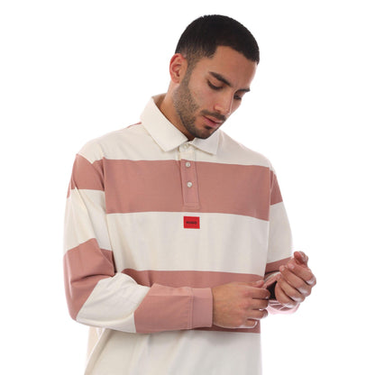 White-Pink - Side - Hugo Mens Diragbi Stripe Long-Sleeved Polo Shirt
