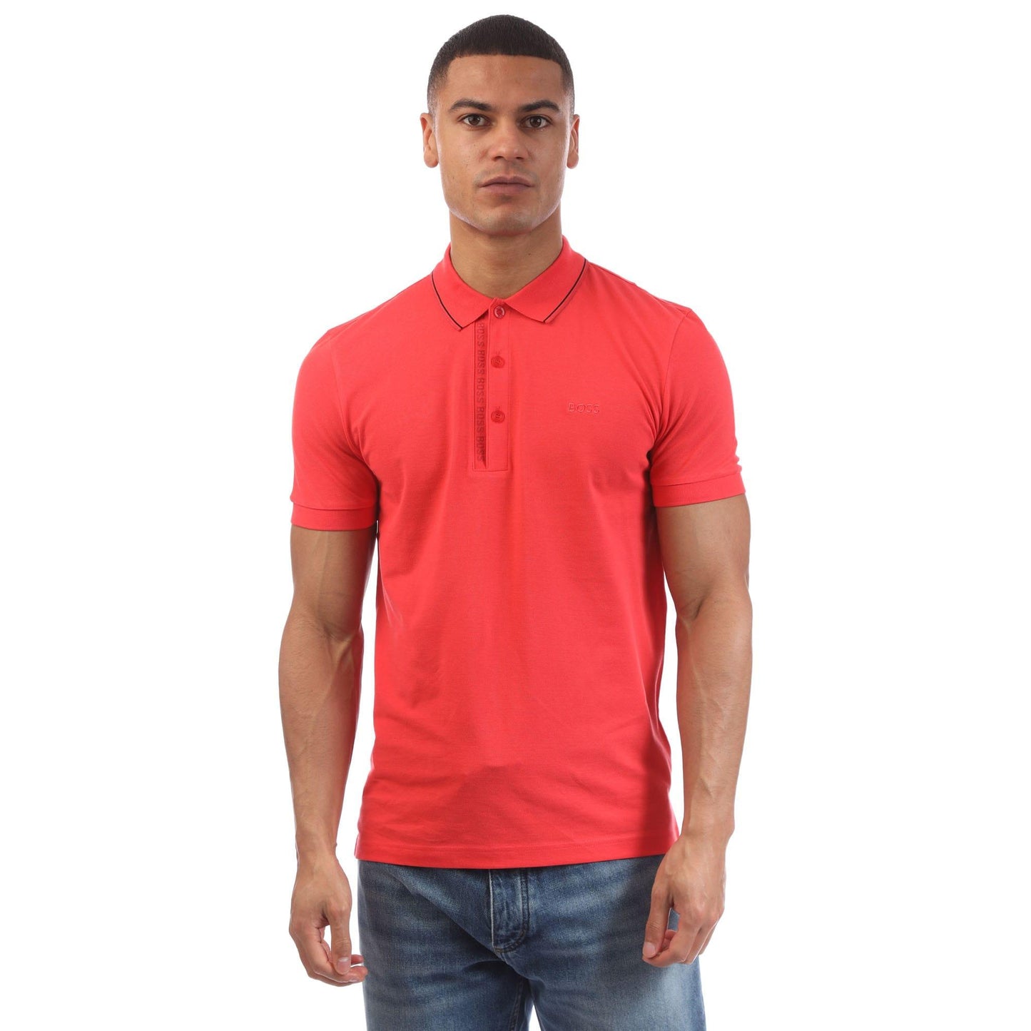 Red - Front - Boss Mens Paule 4 Tonal Logo Slim Polo Shirt