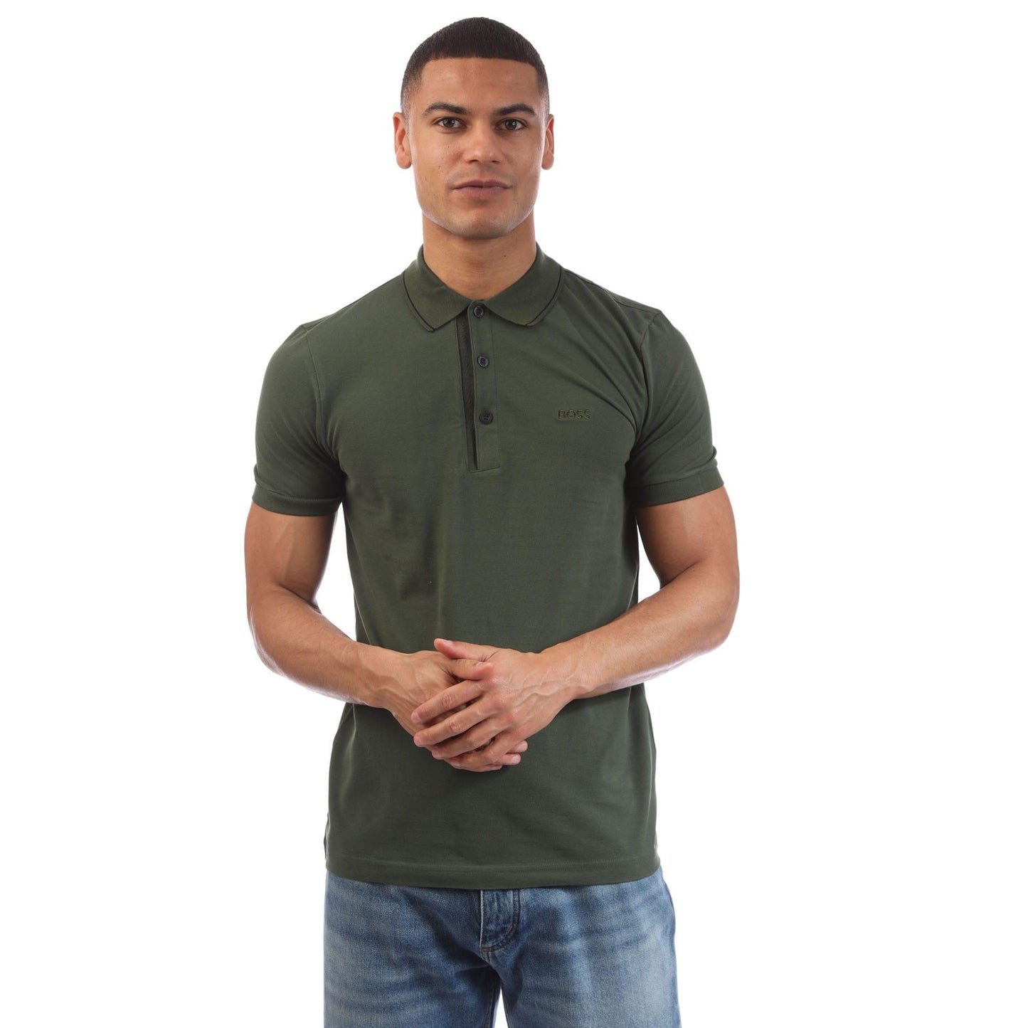 Green - Front - Boss Mens Paule 4 Tonal Logo Slim Polo Shirt
