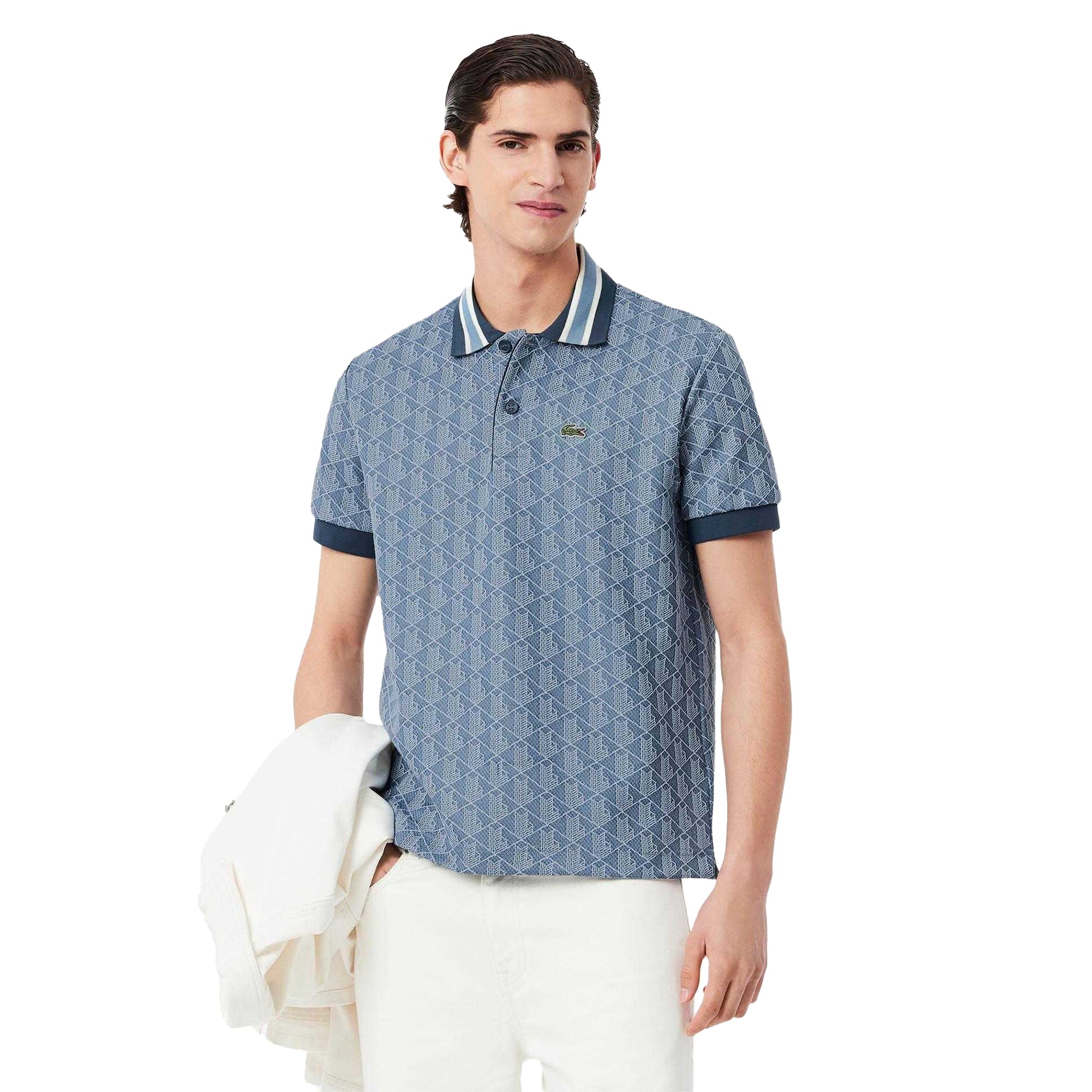 Blue - Side - Lacoste Mens Monogram Jacquard Classic Polo Shirt