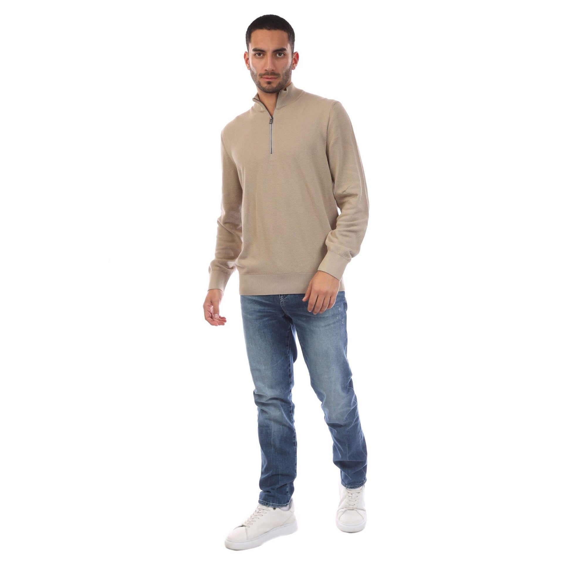 Beige - Lifestyle - Boss Mens Ebrando-P Quarter Zip Jumper