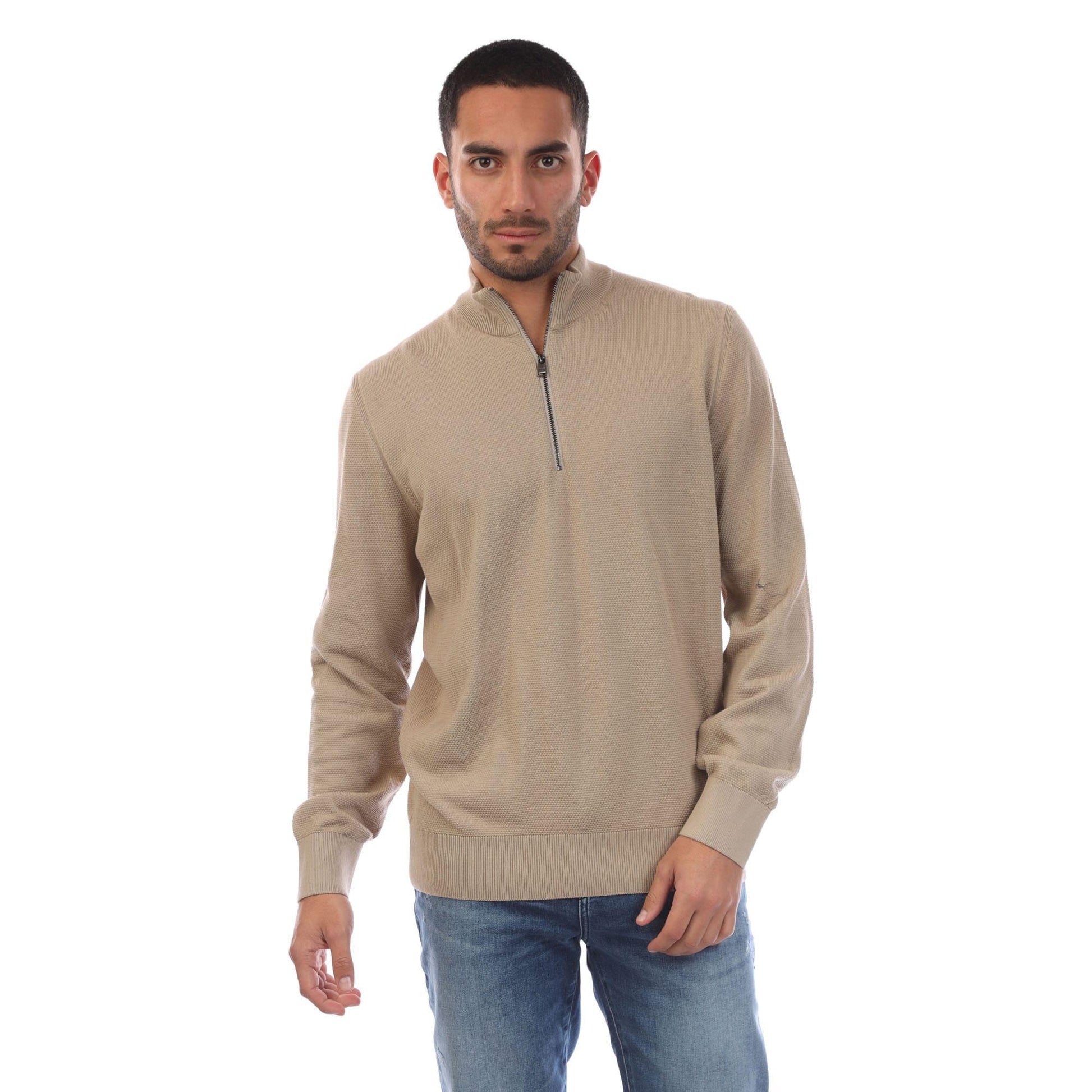 Beige - Front - Boss Mens Ebrando-P Quarter Zip Jumper