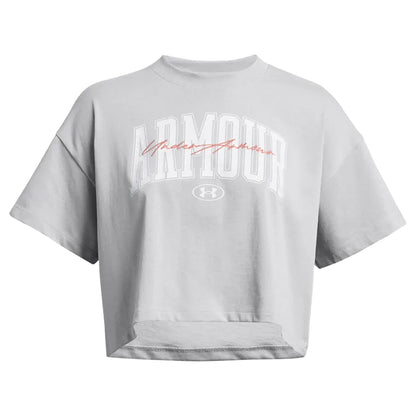 Grey - Front - Under Armour Womens-Ladies Wordmark Heavyweight Crop T-Shirt