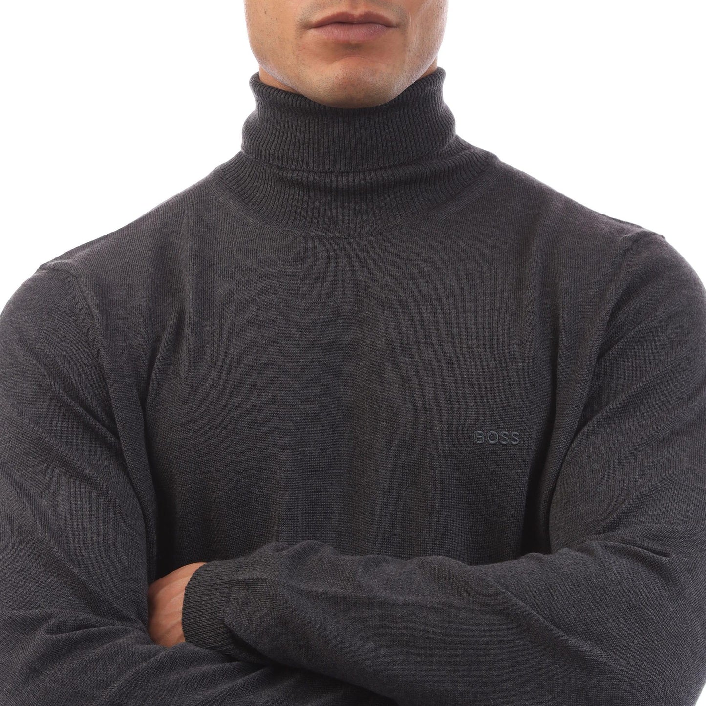 Grey - Side - Boss Mens Baldebert-E Roll Neck Jumper