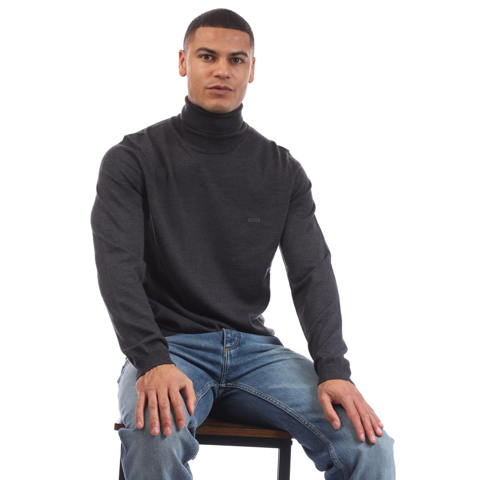 Grey - Lifestyle - Boss Mens Baldebert-E Roll Neck Jumper