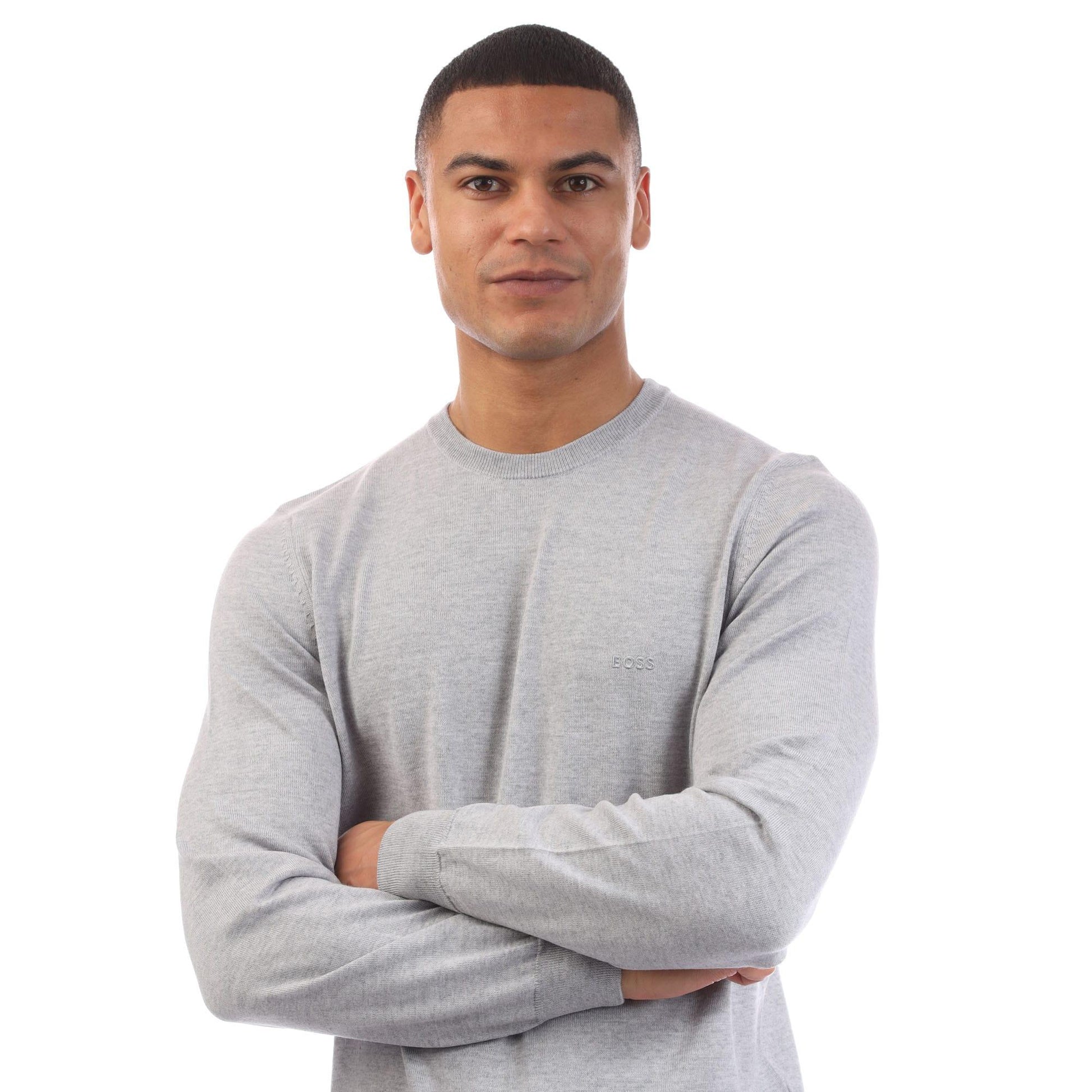Grey - Side - Boss Mens Botto-L Embroidered Logo Jumper