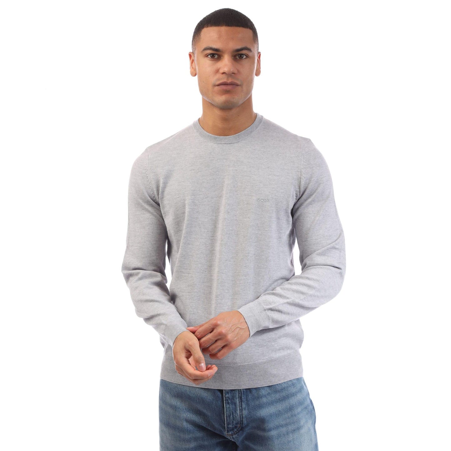 Grey - Front - Boss Mens Botto-L Embroidered Logo Jumper