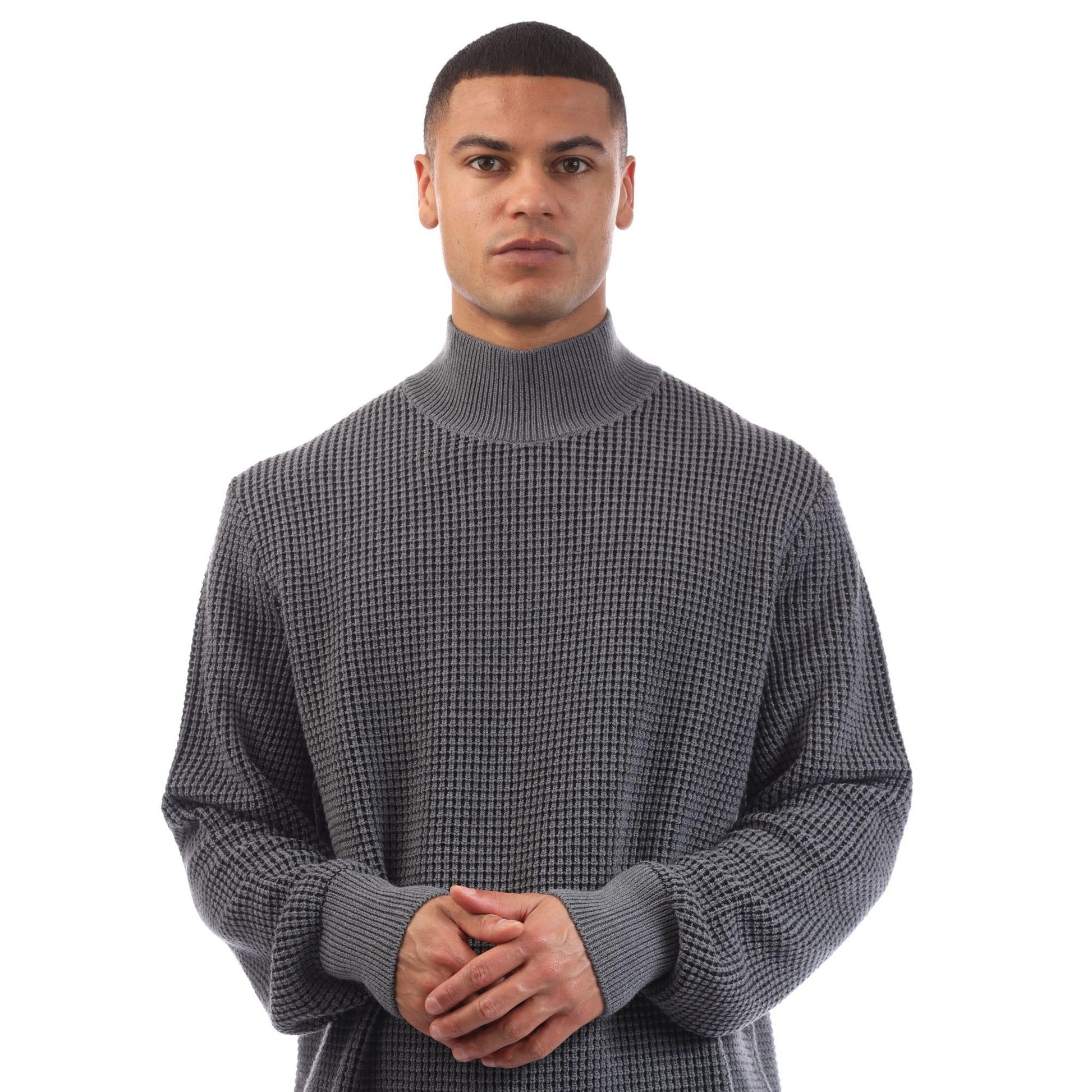 Grey - Side - Boss Mens Maurelio High-Neck Jumper
