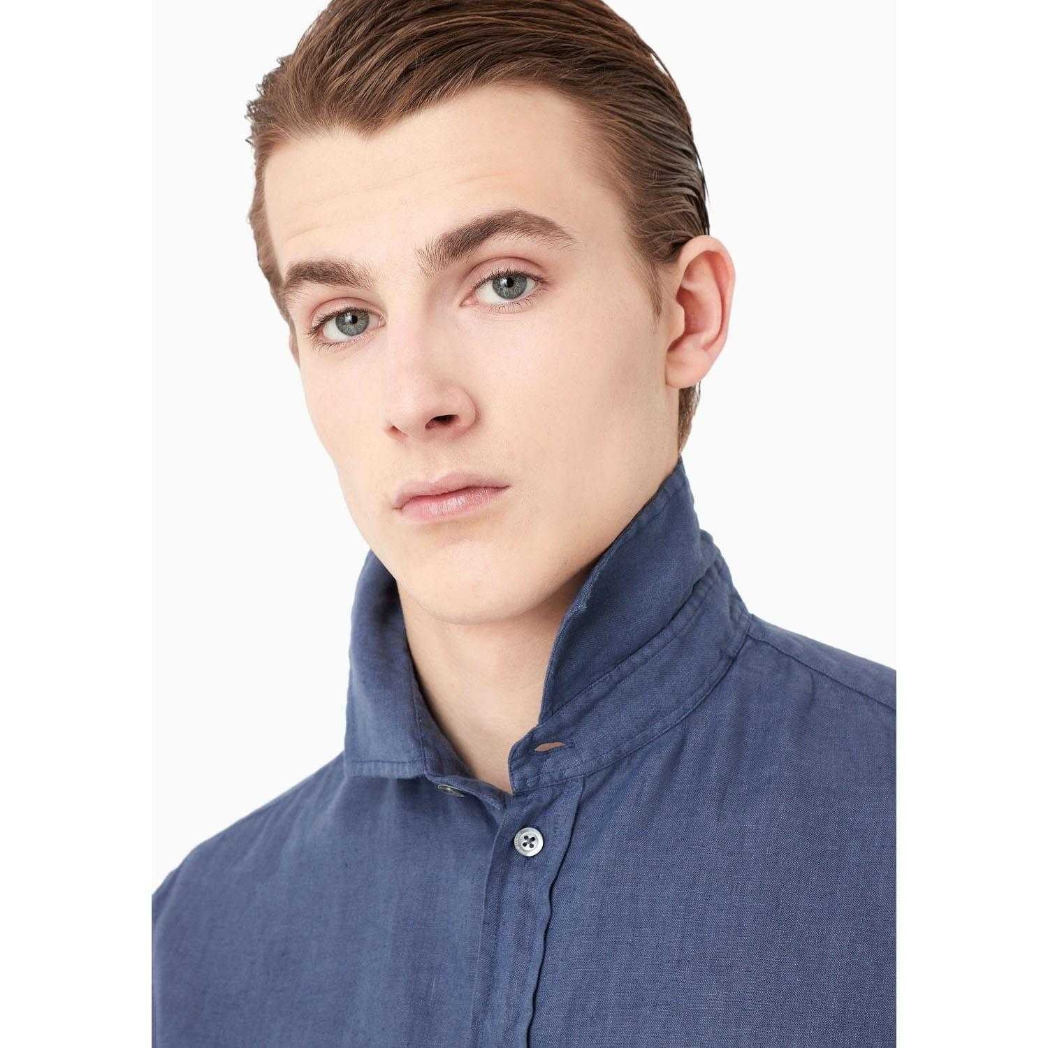 Blue - Side - Emporio Armani Mens Plain Cotton Shirt