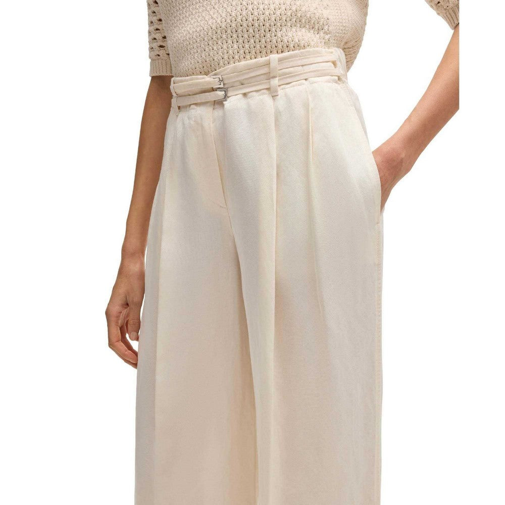 White - Lifestyle - Boss Womens-Ladies Taualy-W Wide Leg Relaxed Fit Trousers