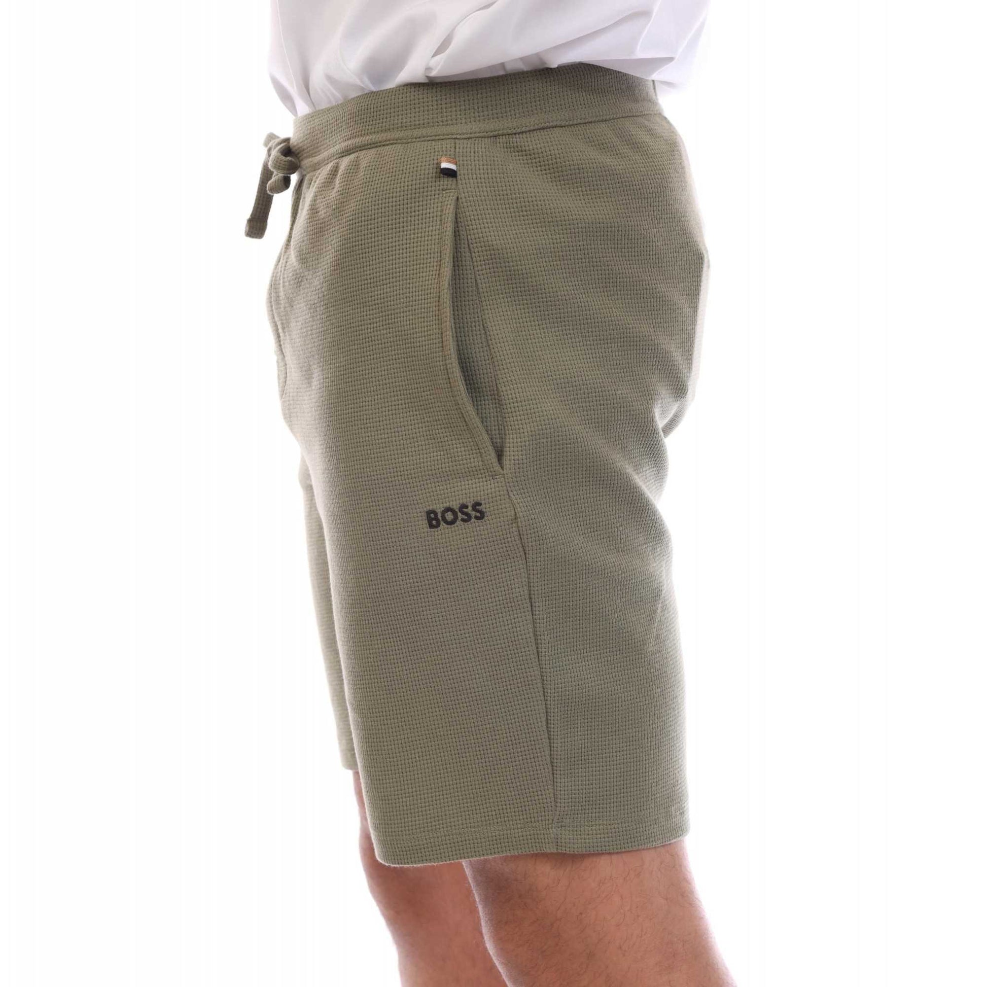 Green - Side - Boss Mens Waffle Pyjama Shorts