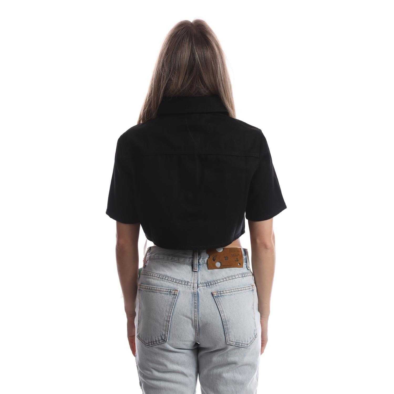 Black-White - Back - Off White Womens-Ladies Diagonal Pocket Cropped Shirt