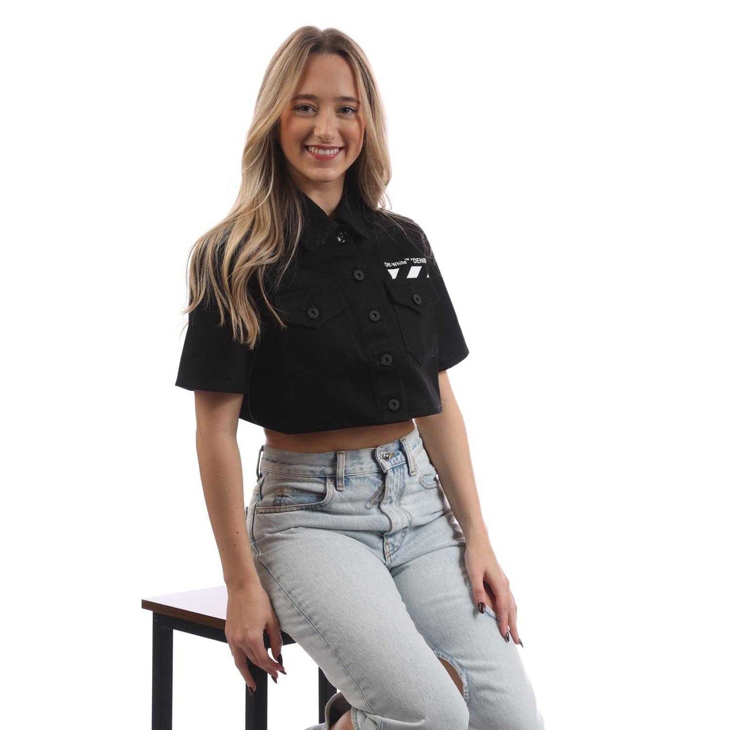 Black-White - Side - Off White Womens-Ladies Diagonal Pocket Cropped Shirt