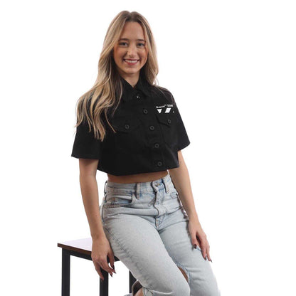 Black-White - Side - Off White Womens-Ladies Diagonal Pocket Cropped Shirt