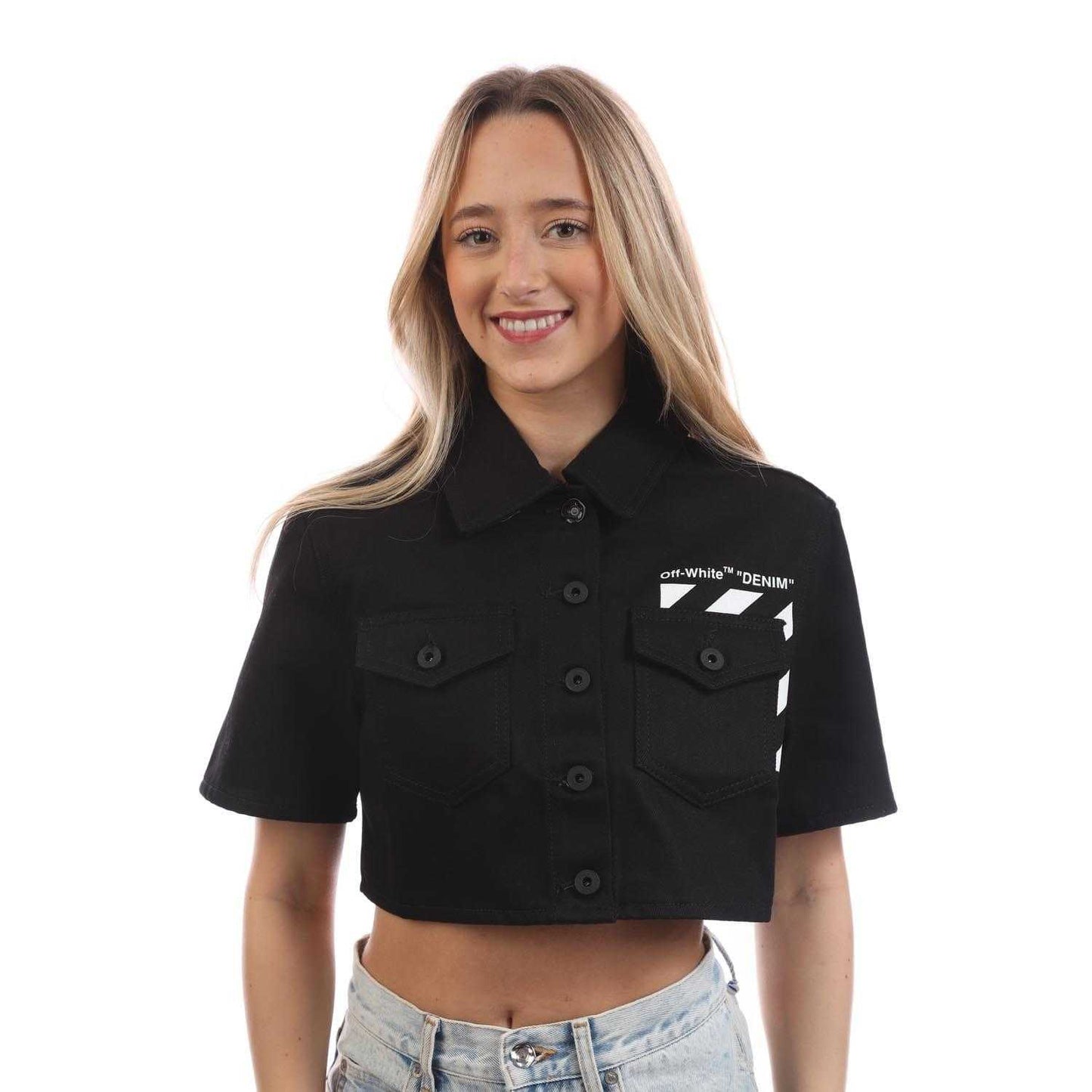 Black-White - Front - Off White Womens-Ladies Diagonal Pocket Cropped Shirt