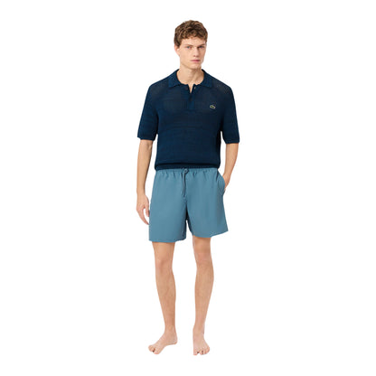 Blue - Pack Shot - Lacoste Mens Monochrome Mid Length Swimming Trunks