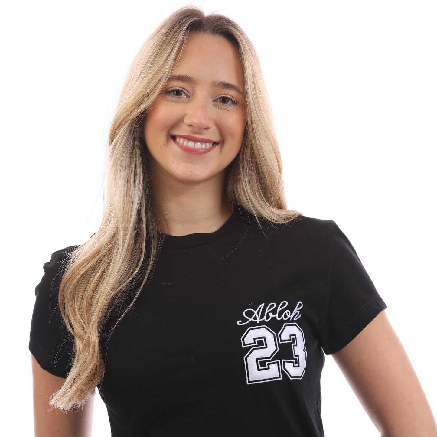 Black-White - Side - Off White Womens-Ladies Embroidered Fitted T-Shirt