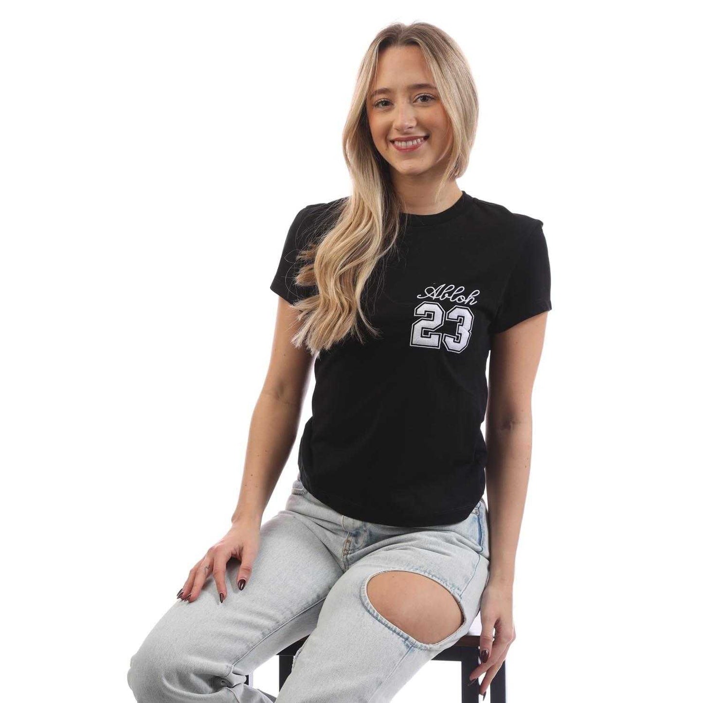 Black-White - Lifestyle - Off White Womens-Ladies Embroidered Fitted T-Shirt