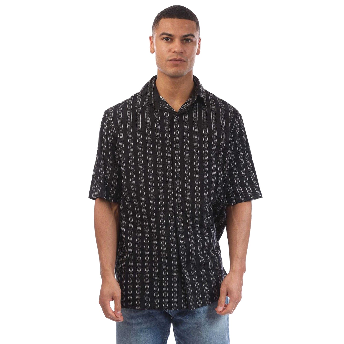 Black - Front - Off White Mens Arrow Stripes Bowling Shirt