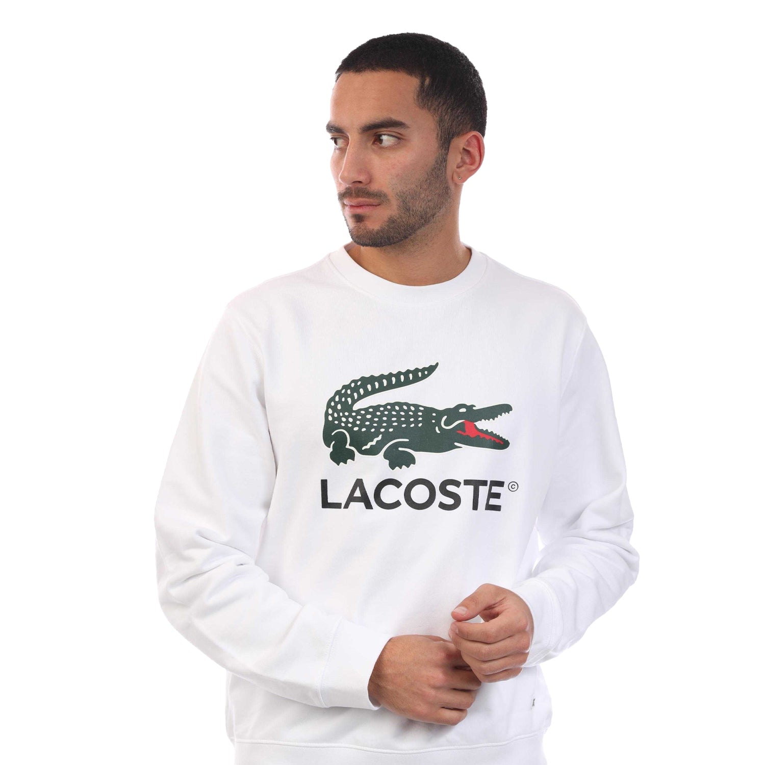 White - Side - Lacoste Mens Fleece Crew Neck Sweatshirt