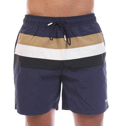 Navy - Side - Boss Mens Louis Stripe Swimming Trunks