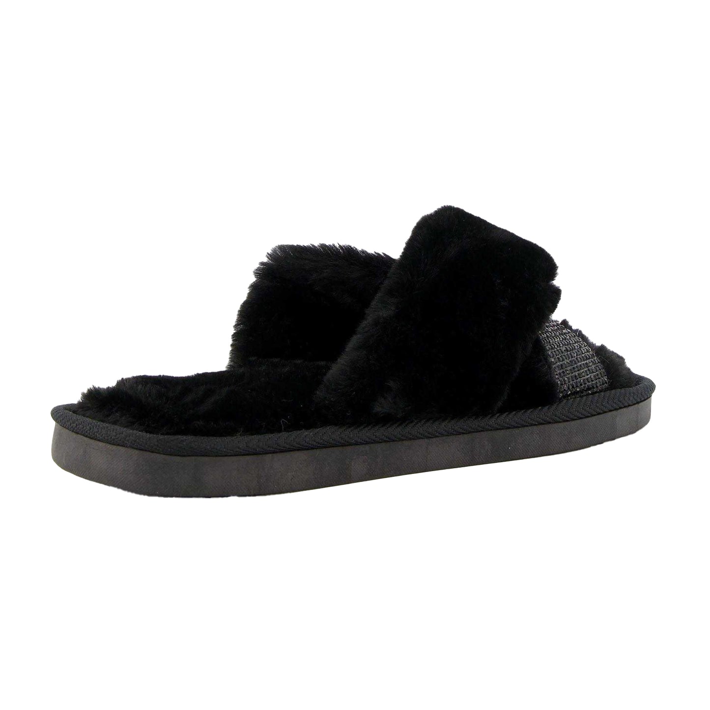 Black - Back - Dune London Womens-Ladies Winta Diamante Faux Fur Cross Strap Slippers