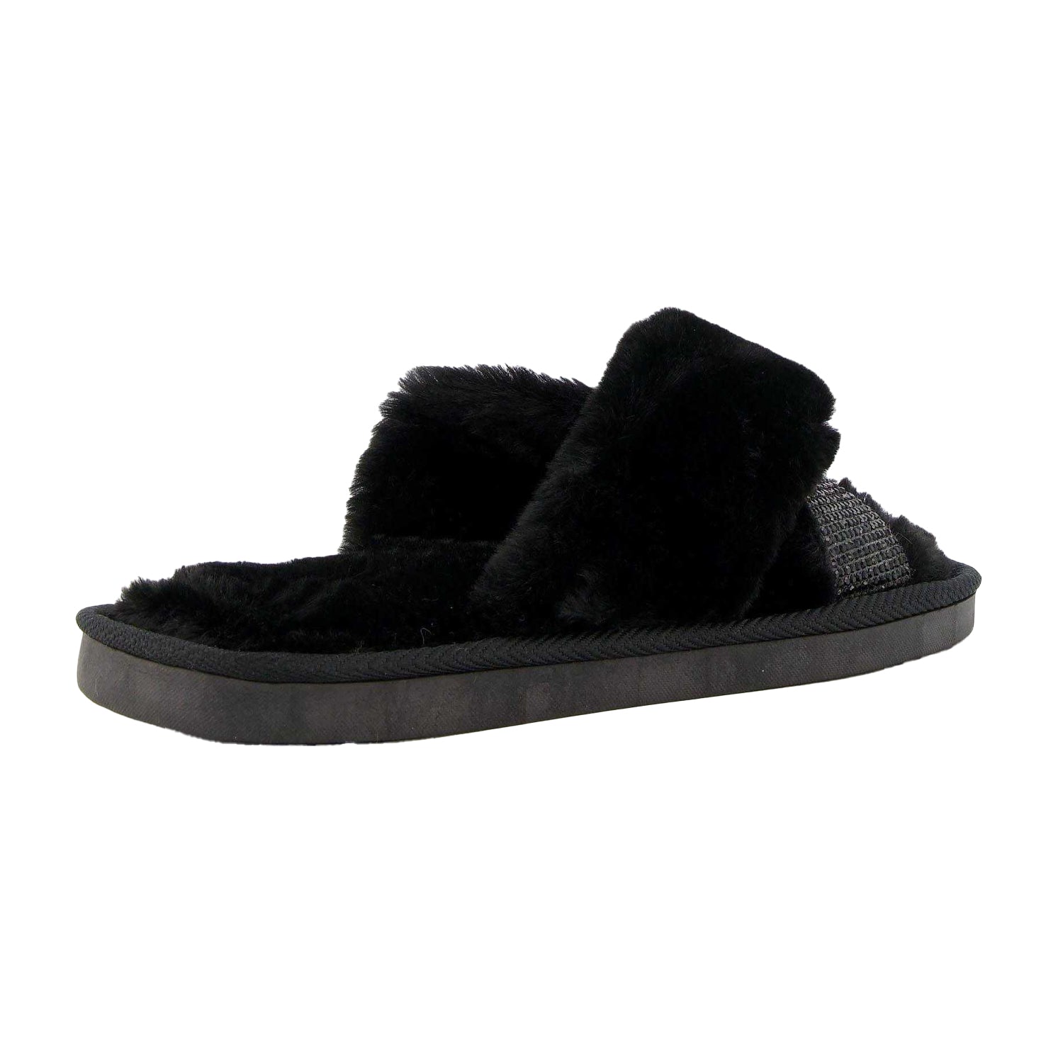Black - Back - Dune London Womens-Ladies Winta Diamante Faux Fur Cross Strap Slippers