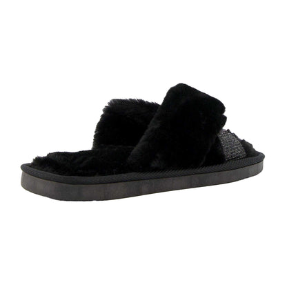 Black - Back - Dune London Womens-Ladies Winta Diamante Faux Fur Cross Strap Slippers
