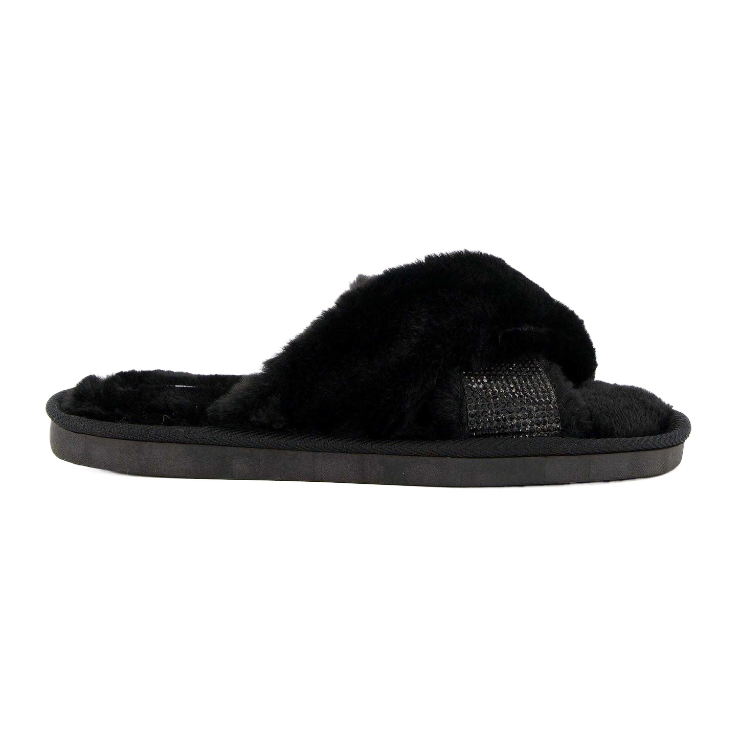 Black - Side - Dune London Womens-Ladies Winta Diamante Faux Fur Cross Strap Slippers
