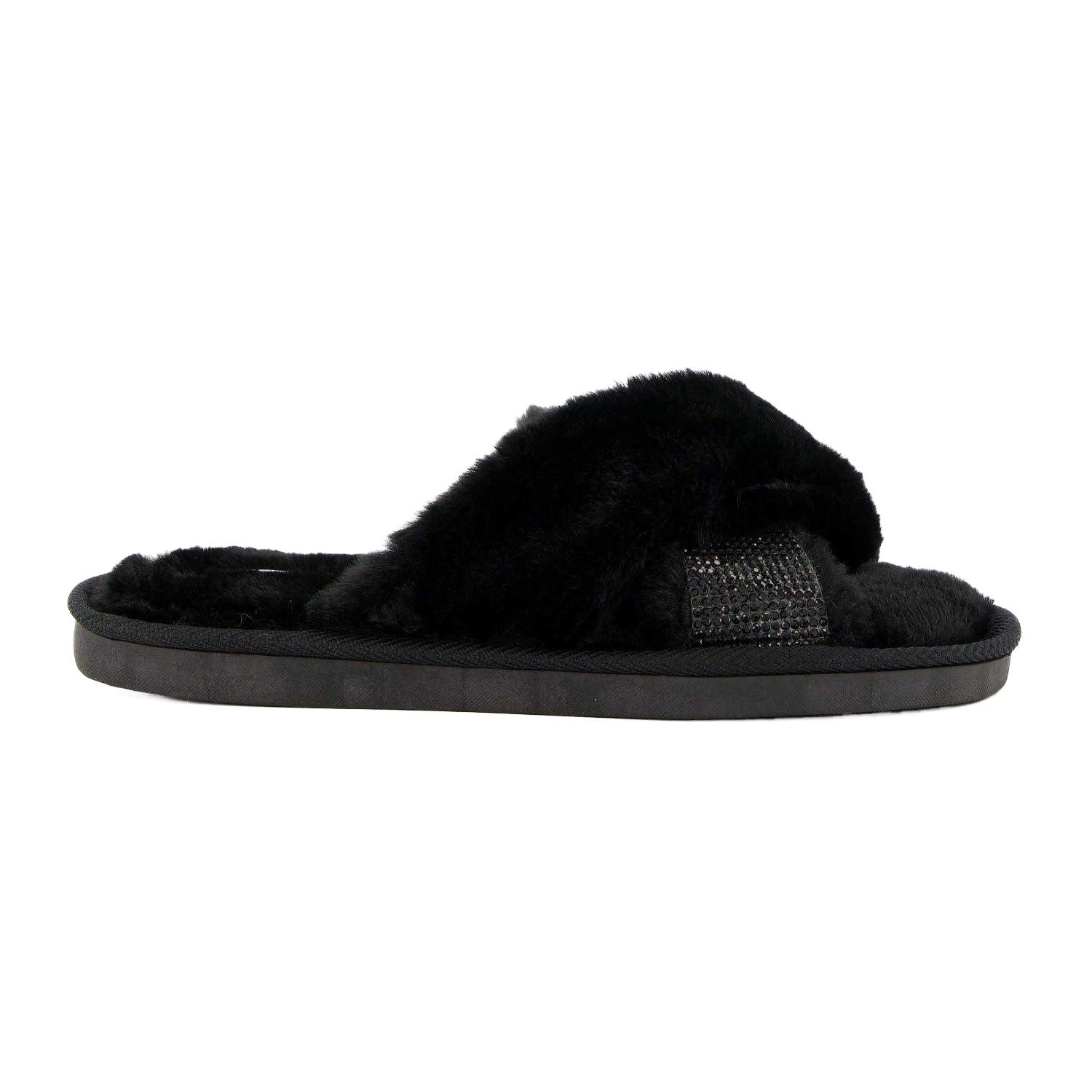 Black - Side - Dune London Womens-Ladies Winta Diamante Faux Fur Cross Strap Slippers