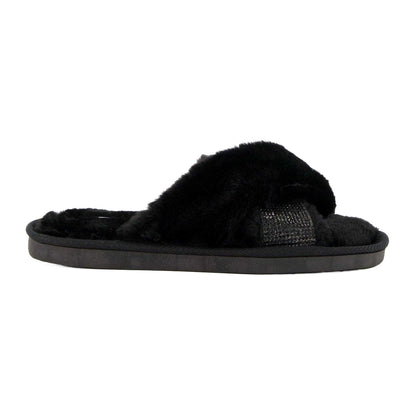 Black - Side - Dune London Womens-Ladies Winta Diamante Faux Fur Cross Strap Slippers