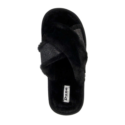 Black - Lifestyle - Dune London Womens-Ladies Winta Diamante Faux Fur Cross Strap Slippers