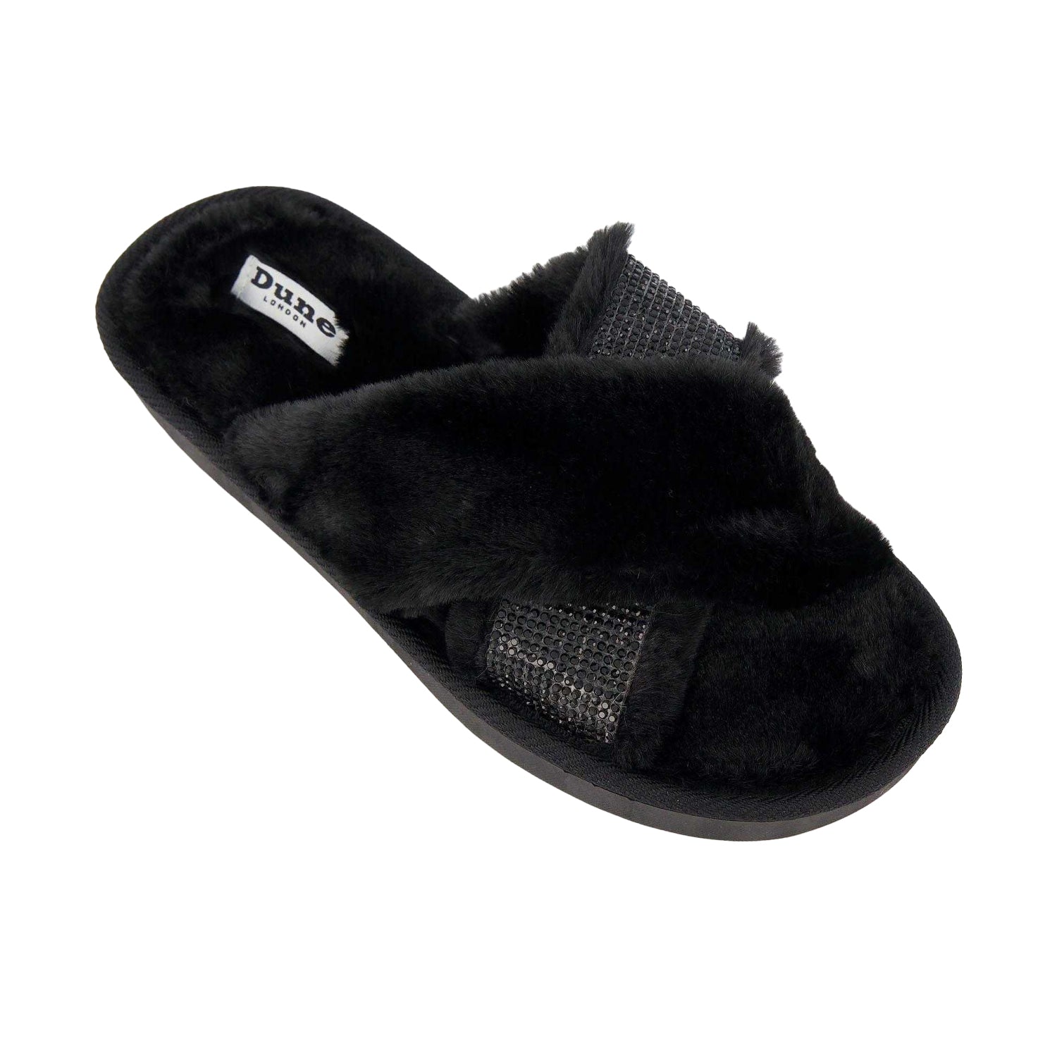 Black - Pack Shot - Dune London Womens-Ladies Winta Diamante Faux Fur Cross Strap Slippers