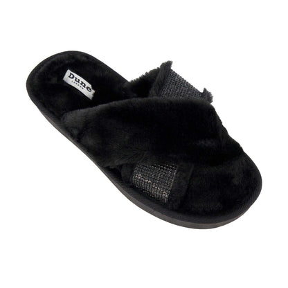 Black - Pack Shot - Dune London Womens-Ladies Winta Diamante Faux Fur Cross Strap Slippers