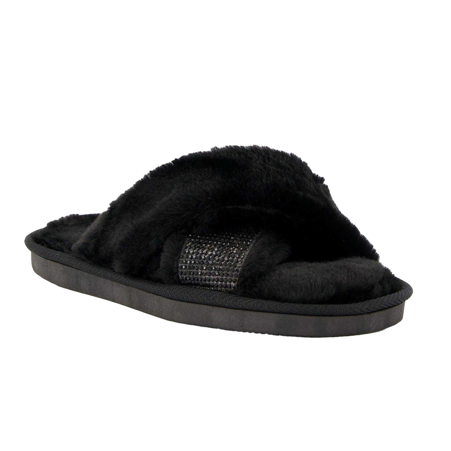 Black - Front - Dune London Womens-Ladies Winta Diamante Faux Fur Cross Strap Slippers