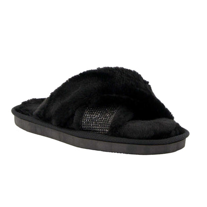 Black - Front - Dune London Womens-Ladies Winta Diamante Faux Fur Cross Strap Slippers