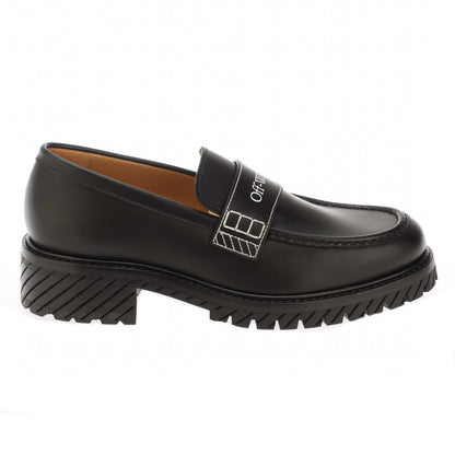 Black-White - Side - Off White Womens-Ladies Combat Leather Loafers