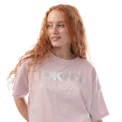 White-Silver - Side - DKNY Womens-Ladies Rhinestone Foil Logo T-Shirt