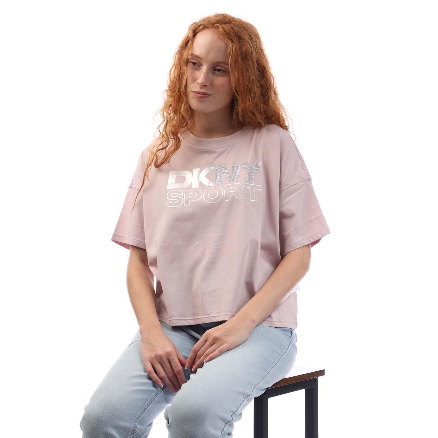 White-Silver - Lifestyle - DKNY Womens-Ladies Rhinestone Foil Logo T-Shirt