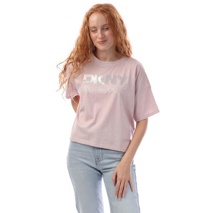 White-Silver - Front - DKNY Womens-Ladies Rhinestone Foil Logo T-Shirt
