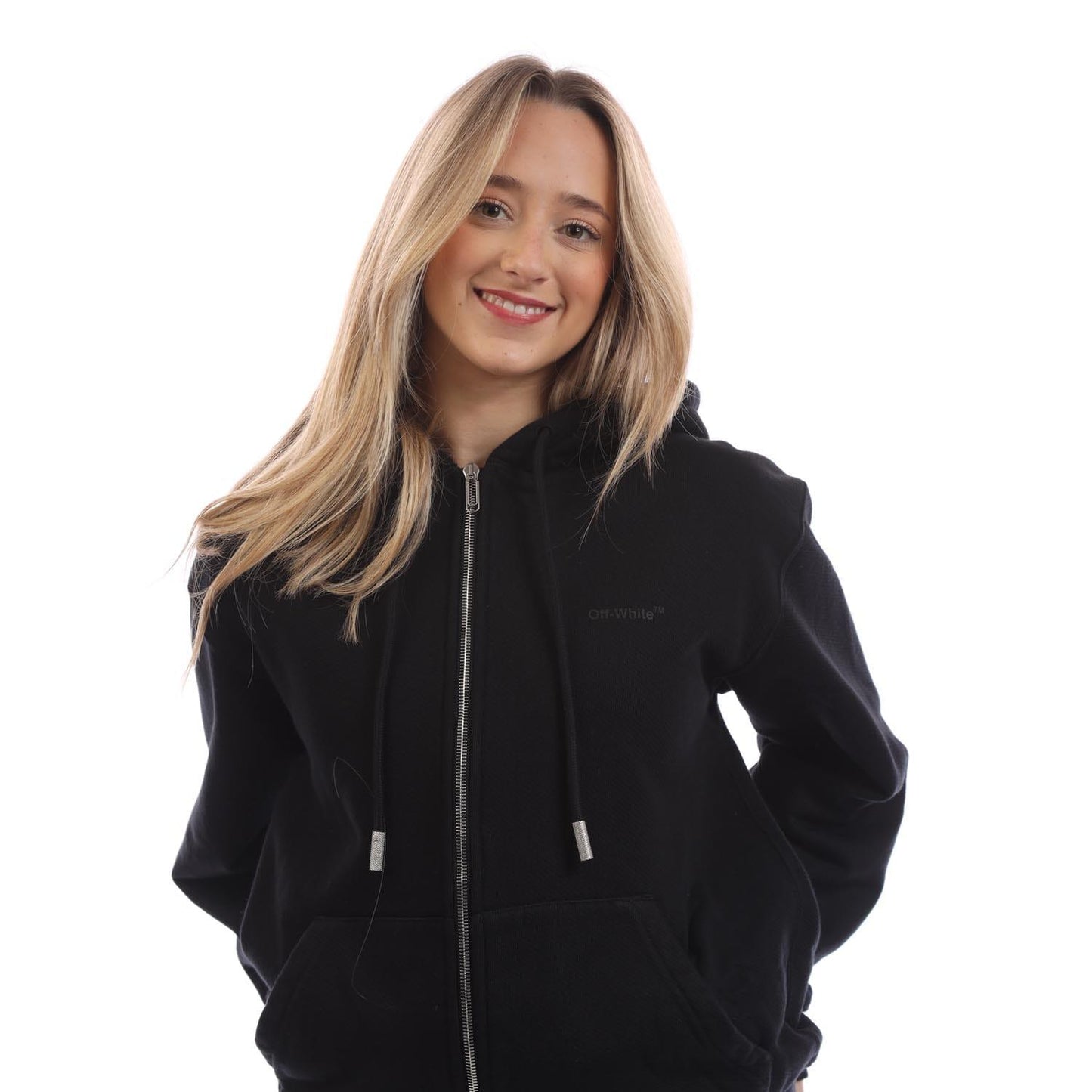 Black - Side - Off White Womens-Ladies Diagonal Full Zip Hoodie