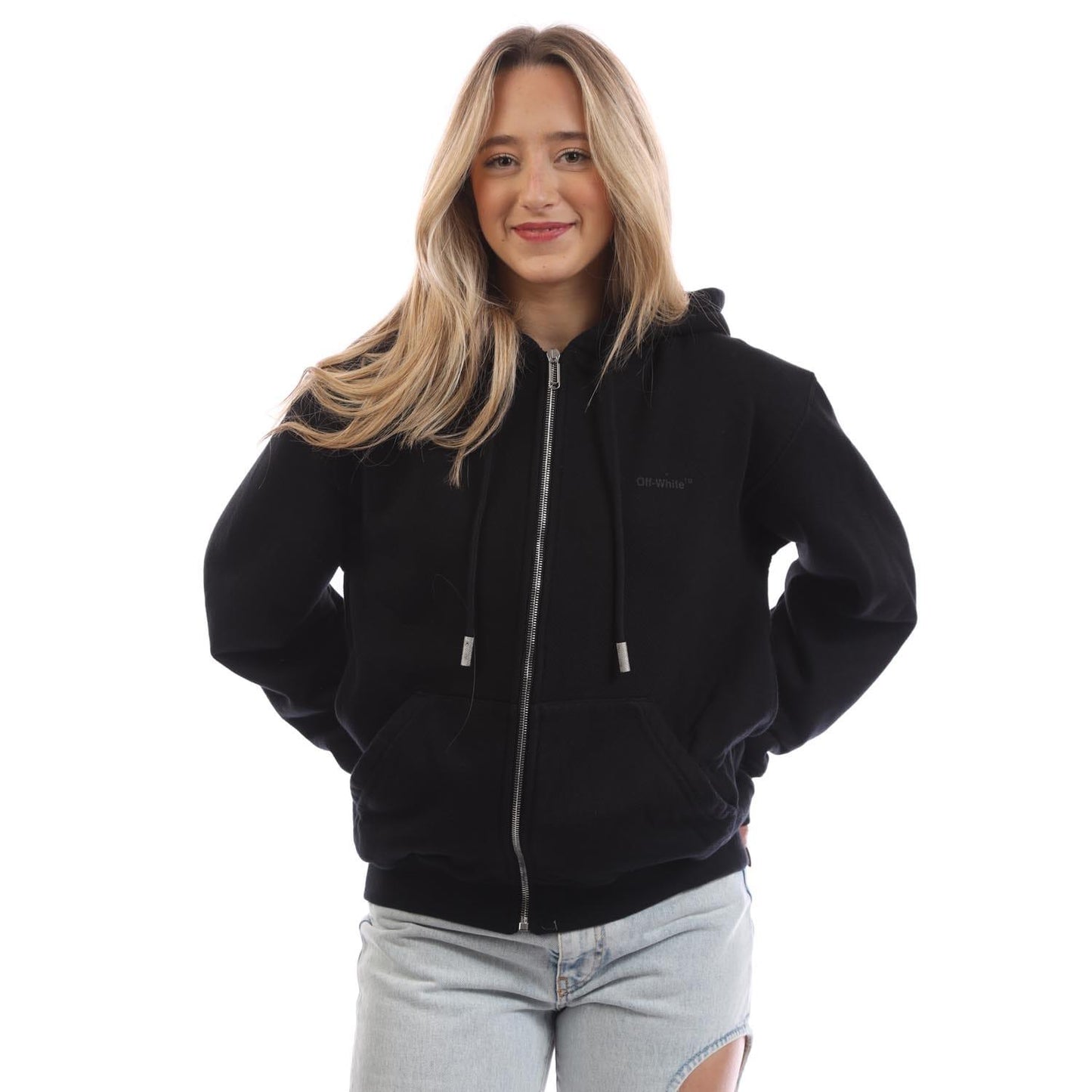 Black - Front - Off White Womens-Ladies Diagonal Full Zip Hoodie