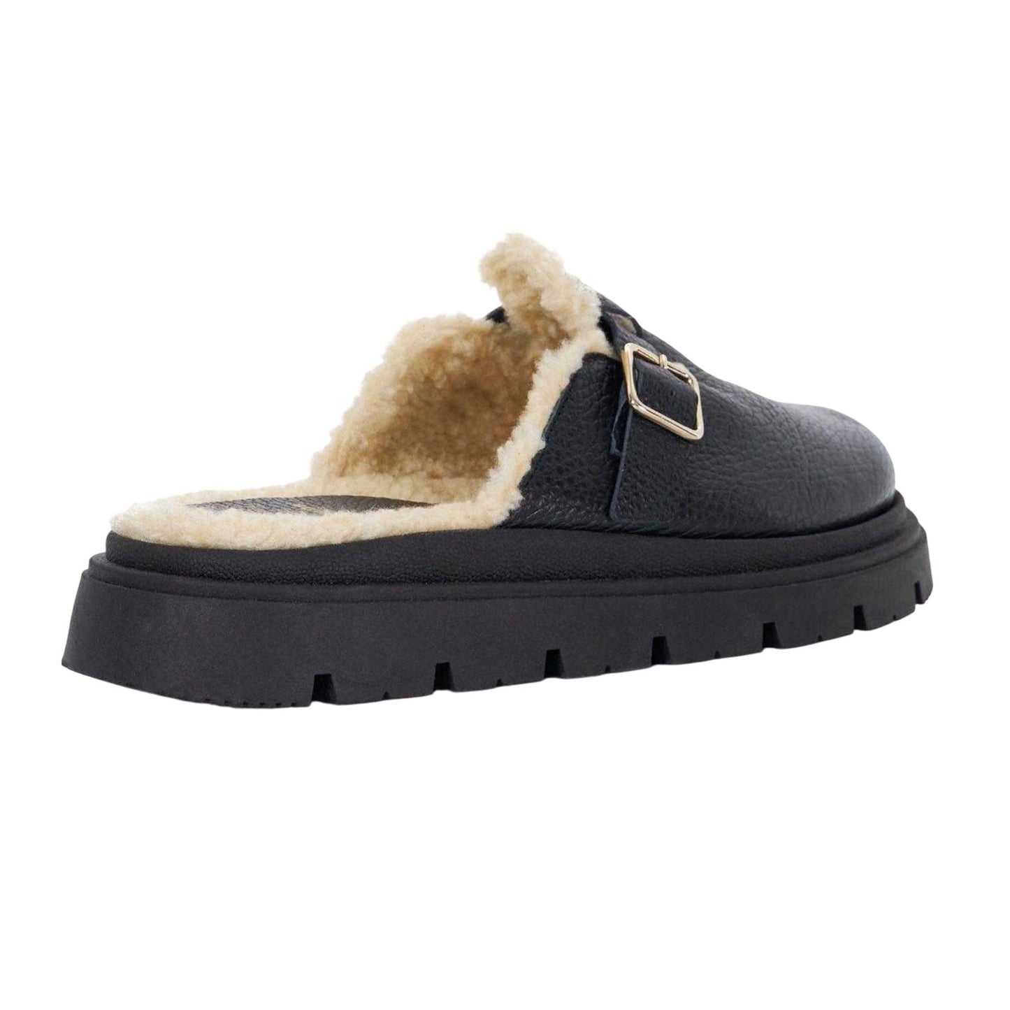 Black - Back - Dune London Womens-Ladies Gene Leather Faux Shearling Lined Clogs